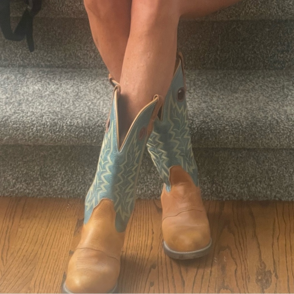Double H Tan, Brown and teal Leather Cowboy Boots - Picture 5 of 9